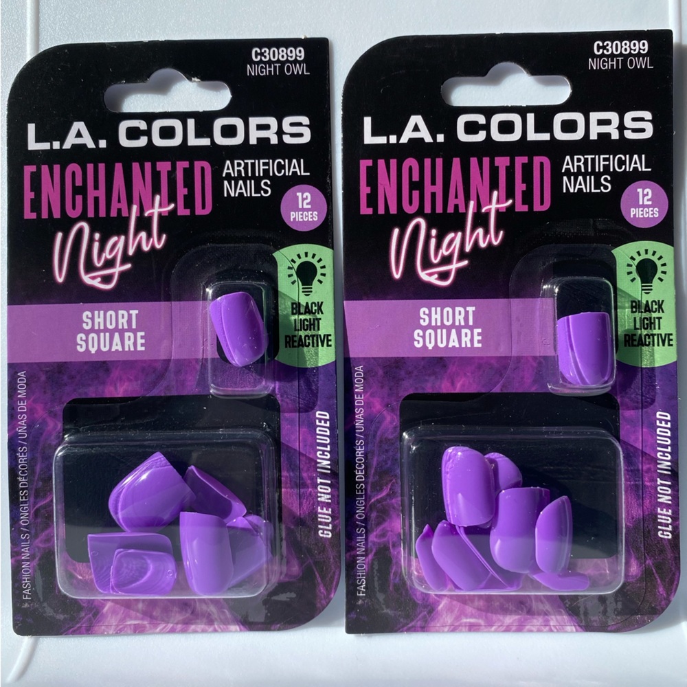🔥5/$25🔥LOT OF 2! L.A. Colors BLACK LIGHT REACTIVE Artificial Nails - Night Owl